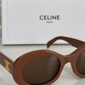 Celine Brown Triomphe Oval Sunglasses with Gold Logo Accent